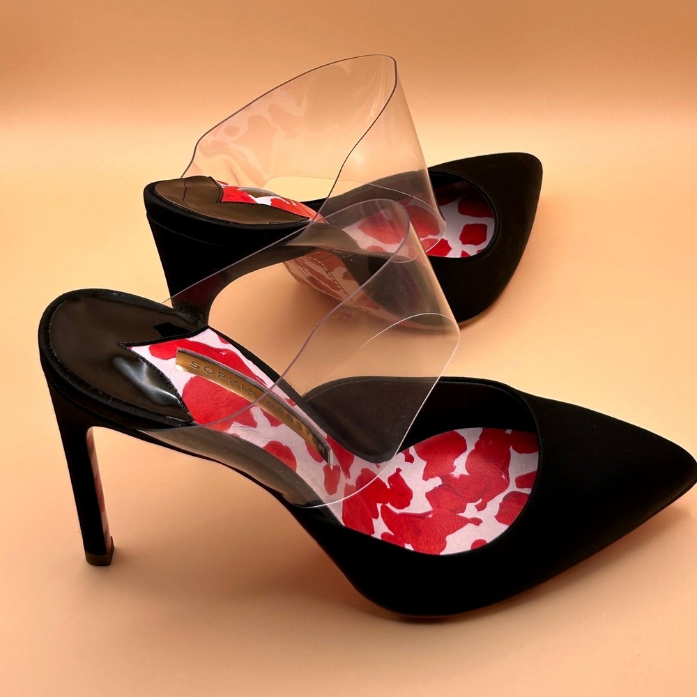 Sophia Webster Black Satin Rosita Mule Petal Print PVC Pump Heels Size 37.5 - Picture 4 of 12